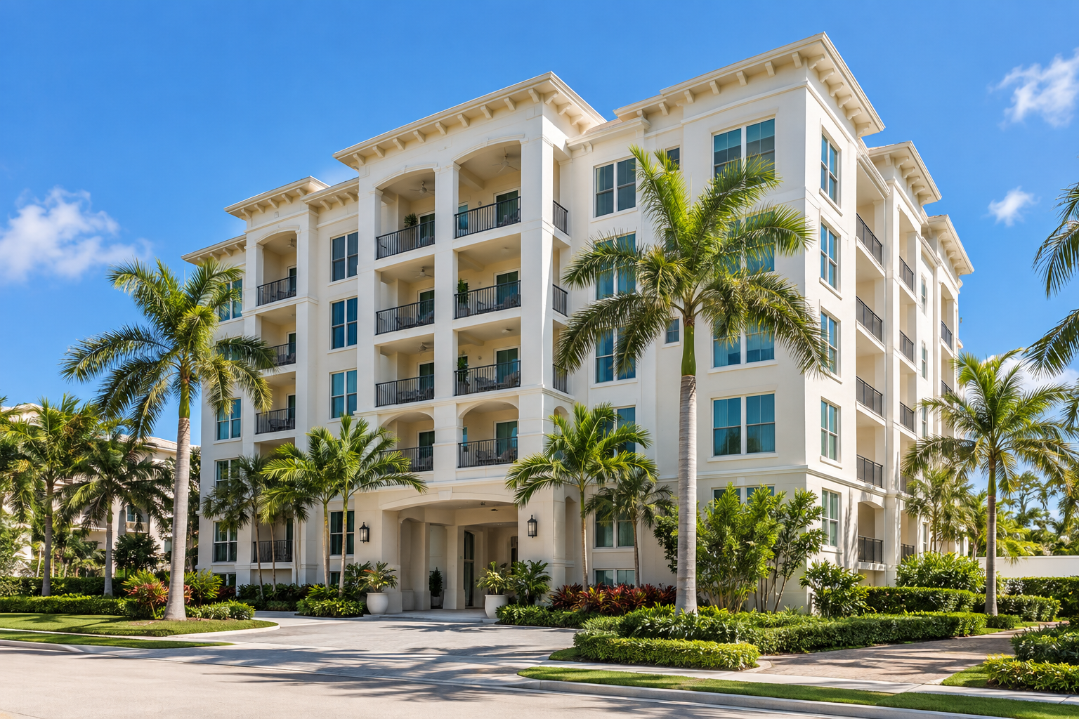 Florida-style condominium building with balconies and palm trees